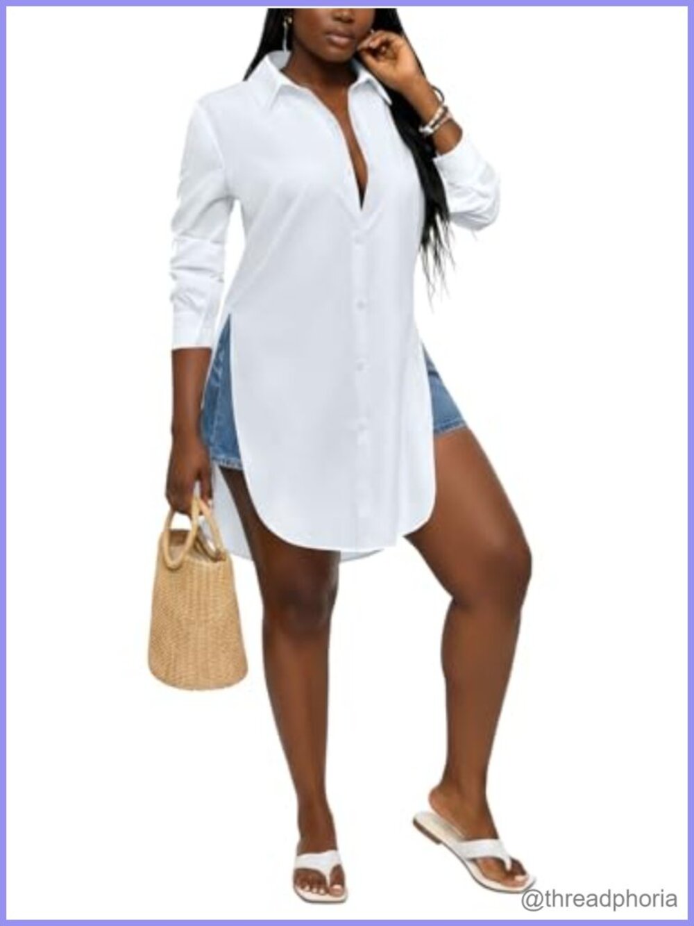 Women's Long Sleeve Button Down Tunic Blouse V-Neck Split Hem